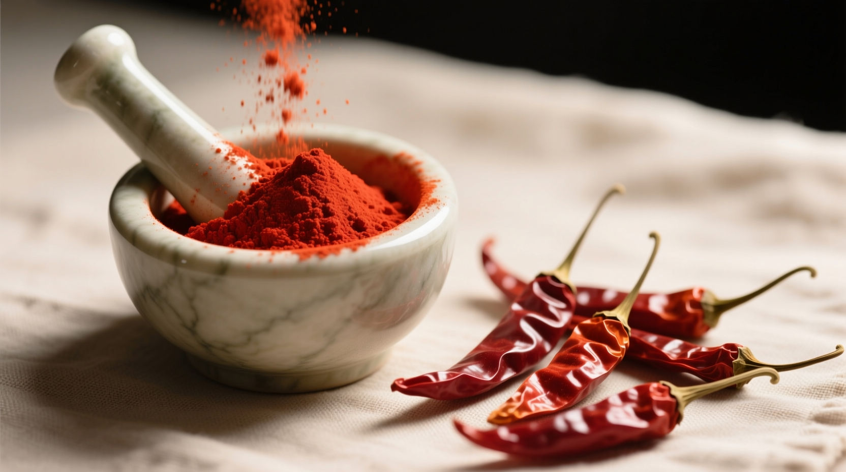 Close-up of vibrant red cayenne pepper powder next to whole dried peppers, showing color comparison for quality assessment