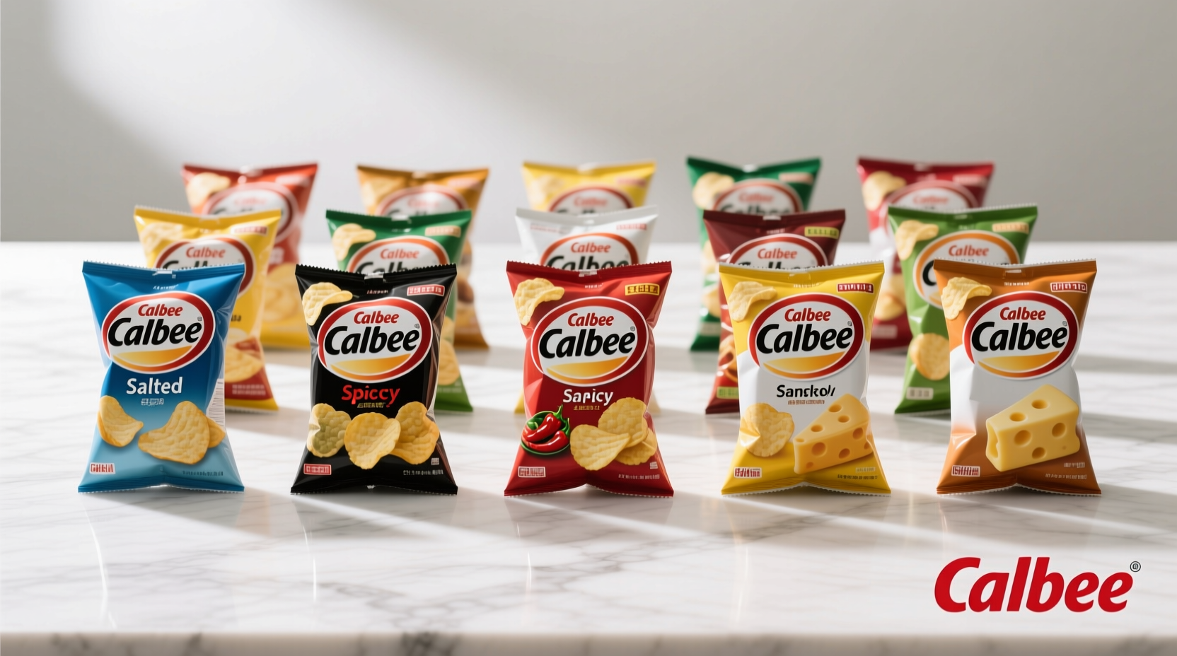 Calbee potato chips flavor varieties arranged neatly