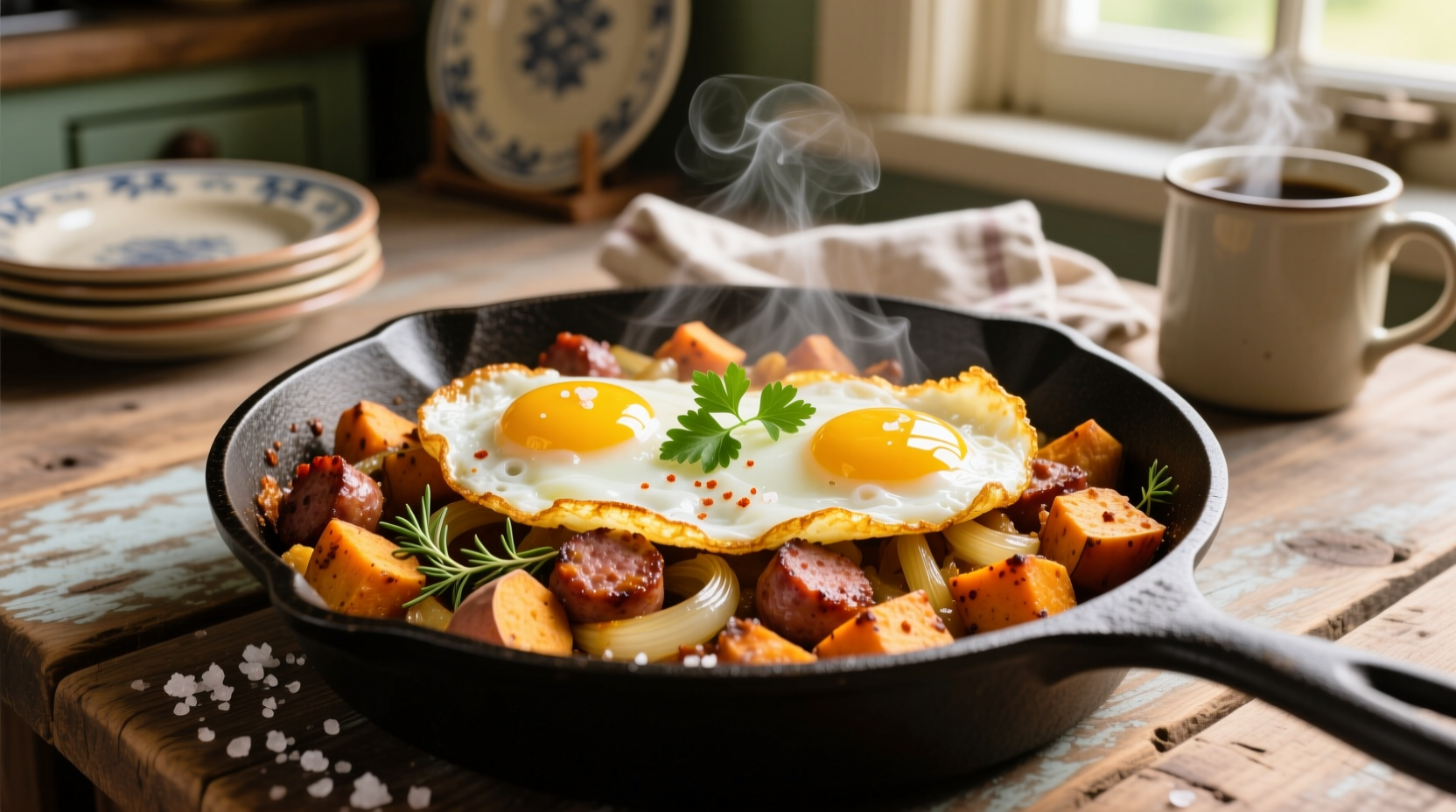 Golden sweet potato sausage hash with fried eggs