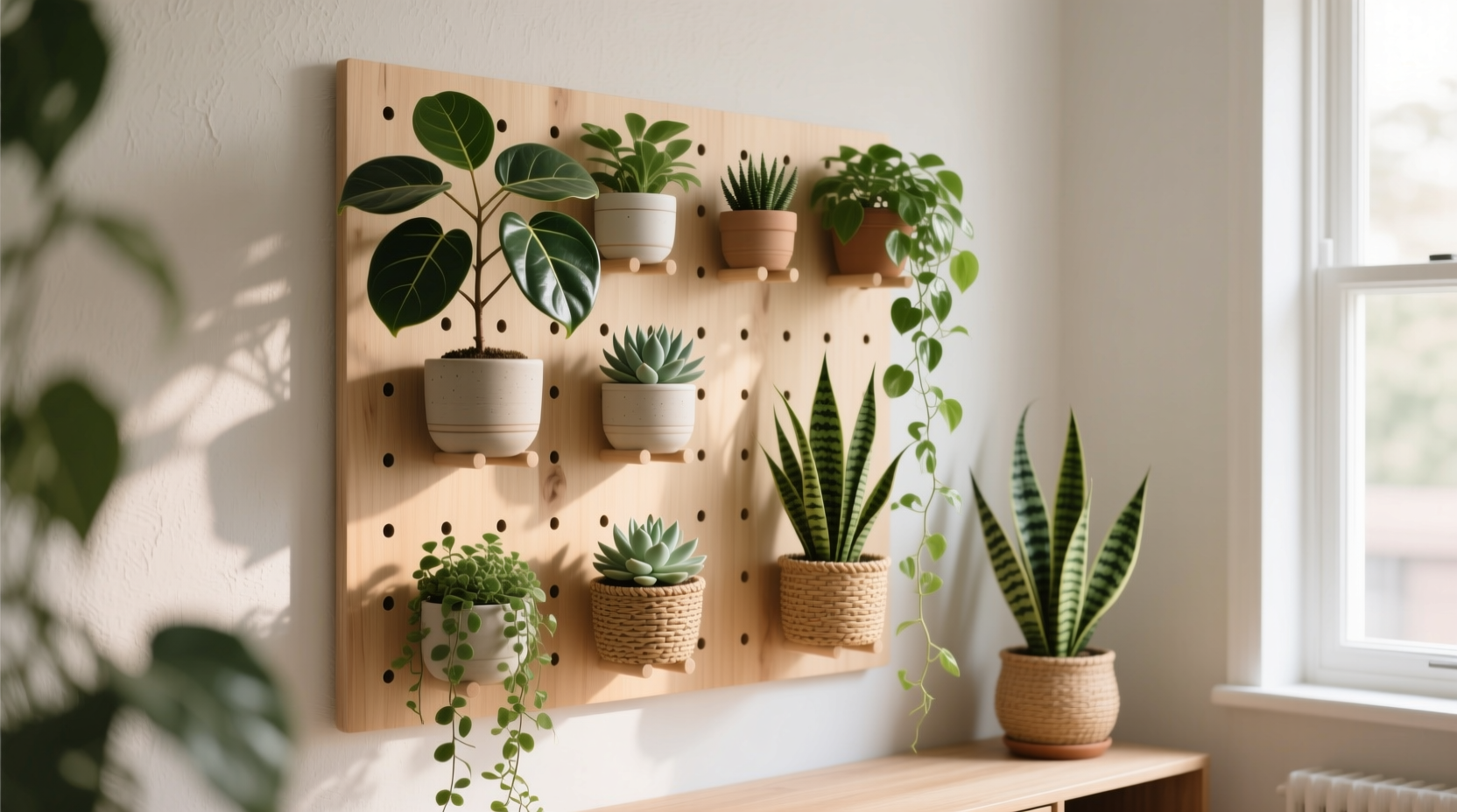 store plants on pegboard to save floor space