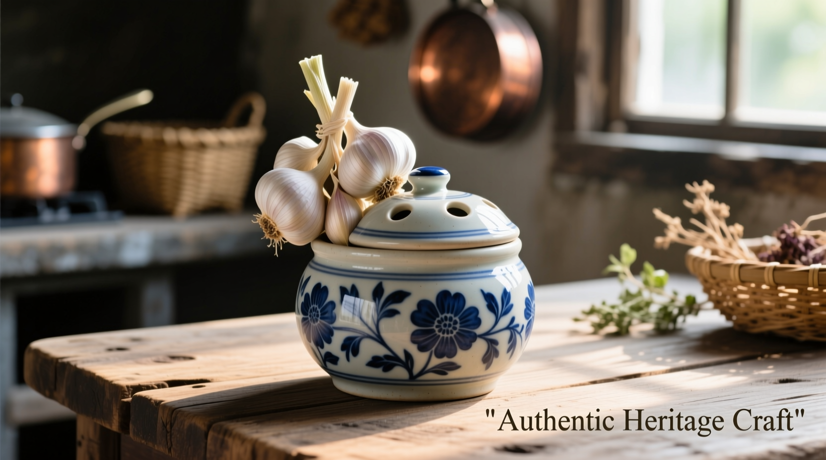 Traditional ceramic garlic keeper with fresh garlic cloves