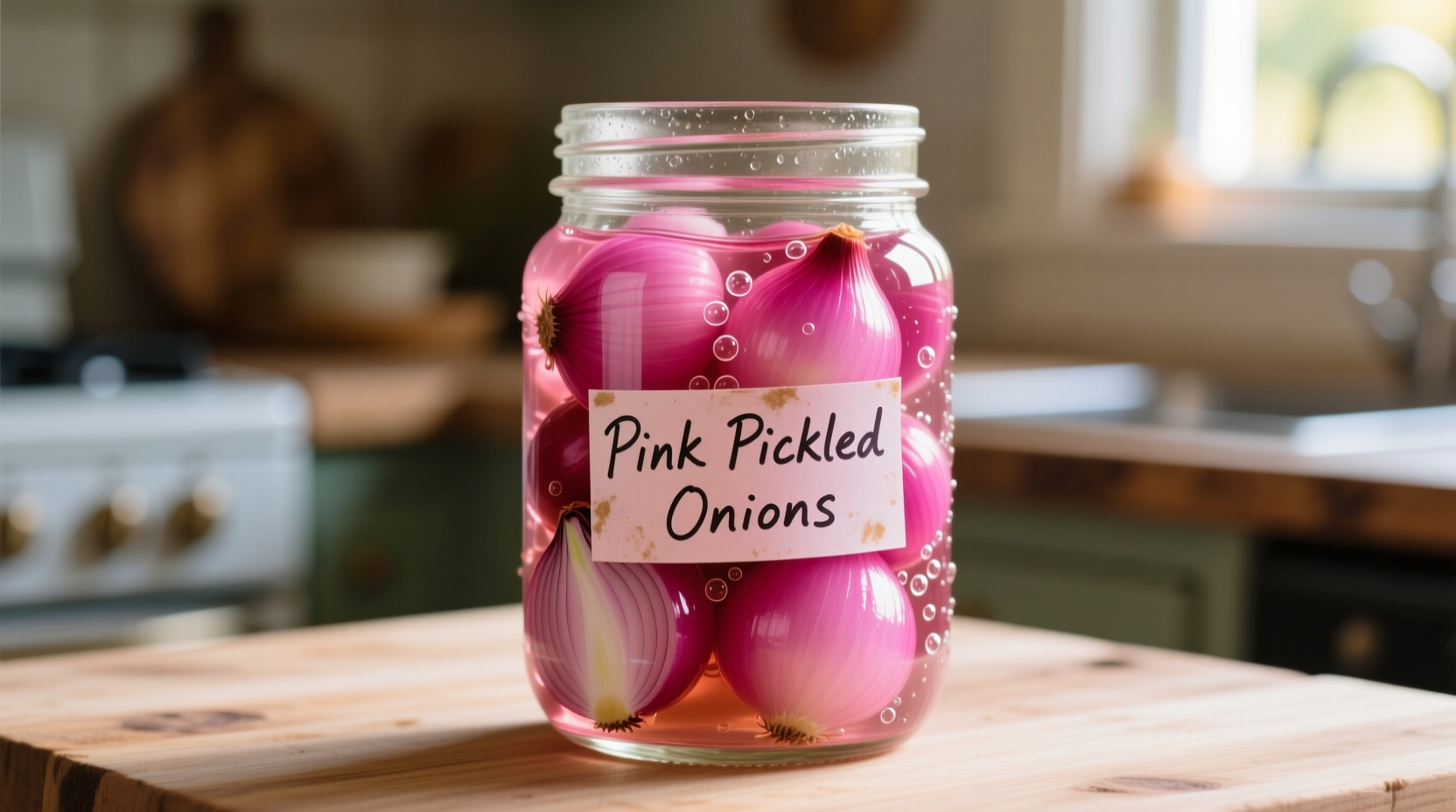 Vibrant pink quick pickled red onions in mason jar