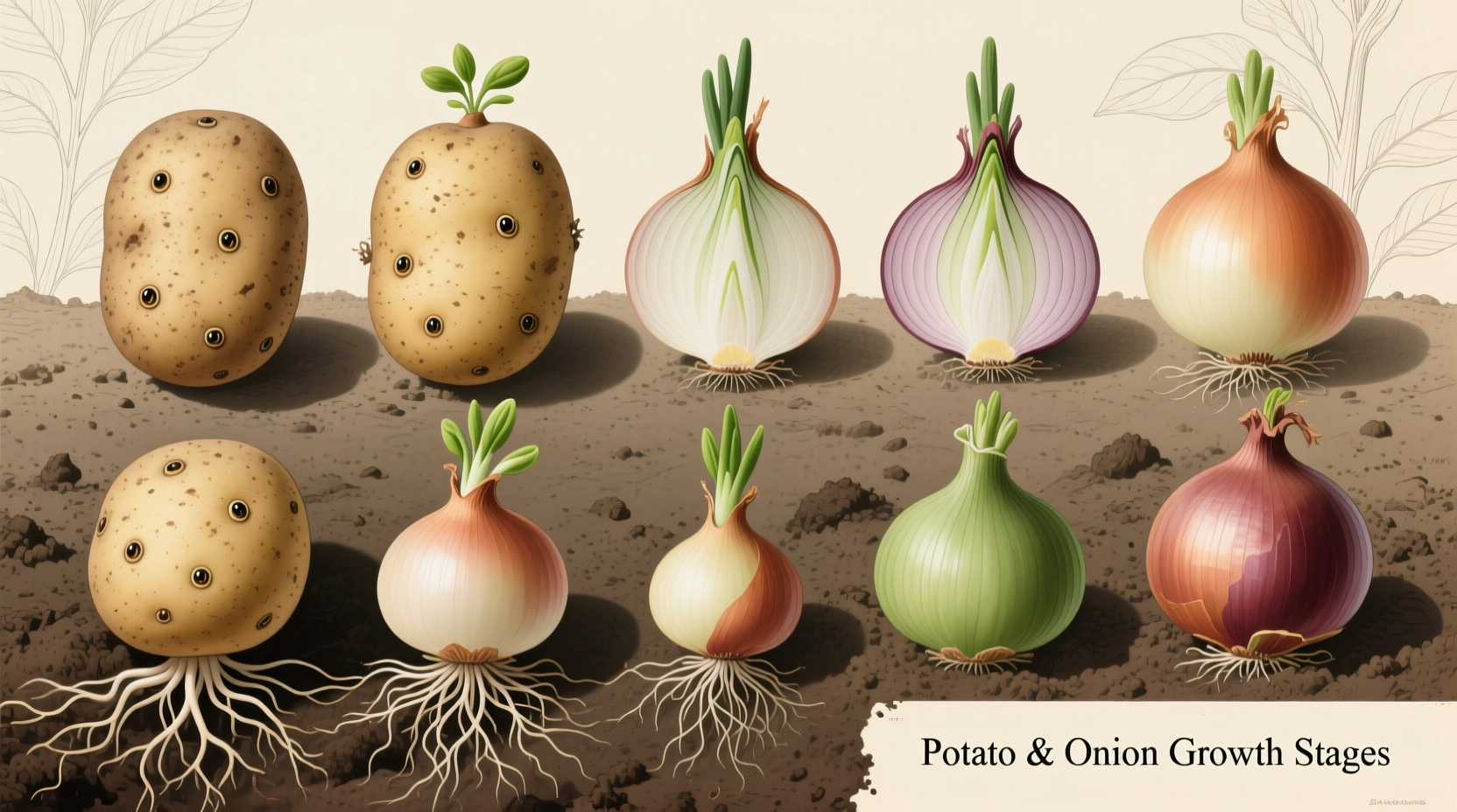 Potato onion bulbs in various stages of growth