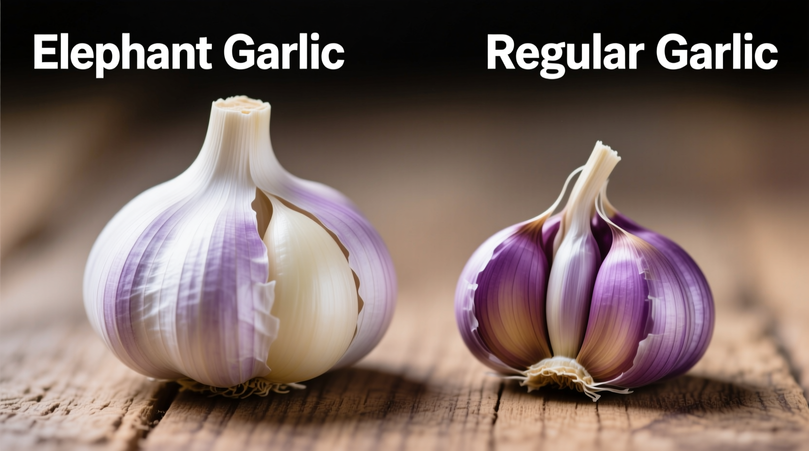 Side-by-side comparison of elephant garlic and regular garlic bulbs