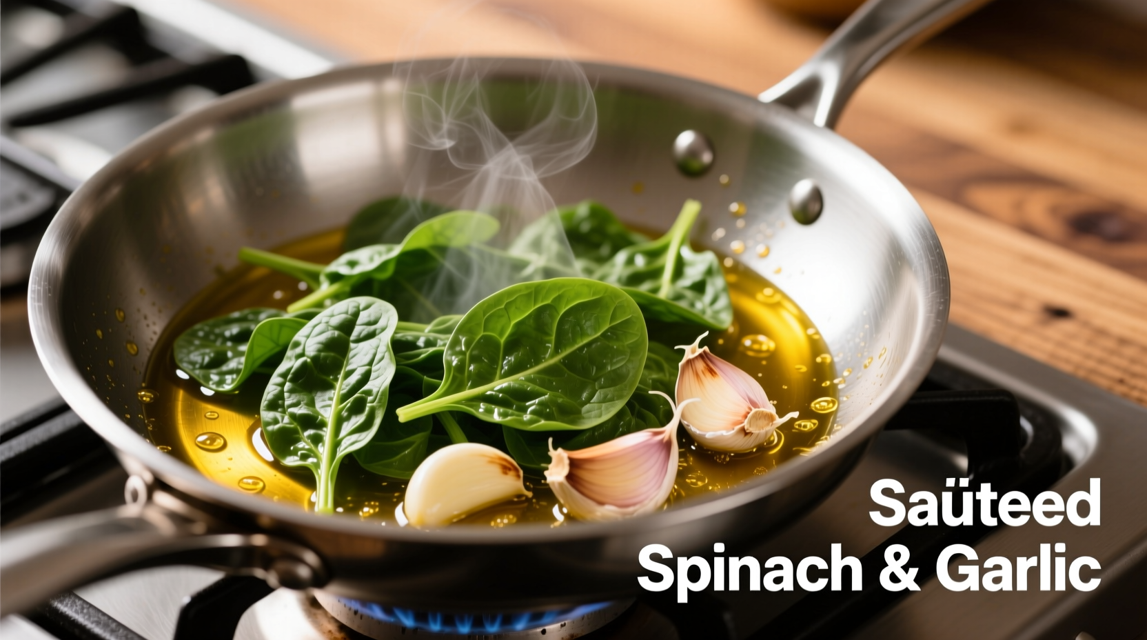 Fresh spinach and garlic cooking in olive oil