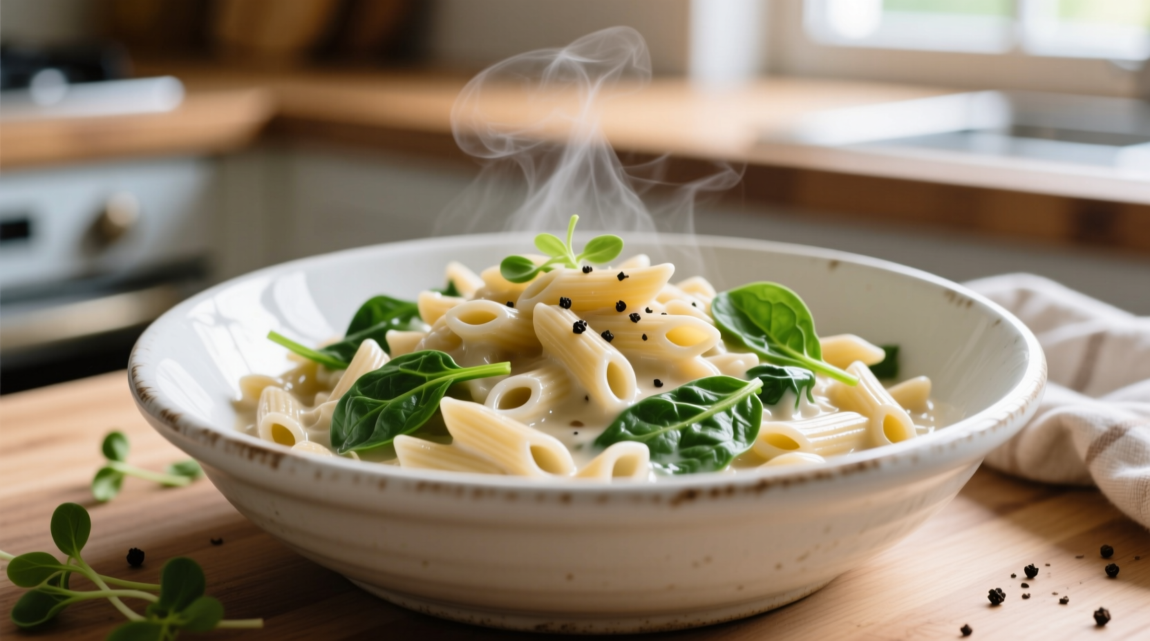 Creamy orzo with spinach in white bowl