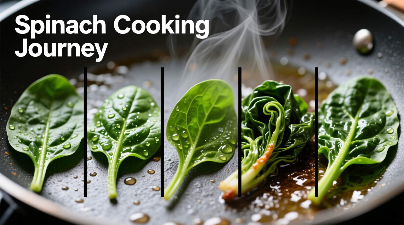 Fresh spinach in various cooking stages showing color and texture changes