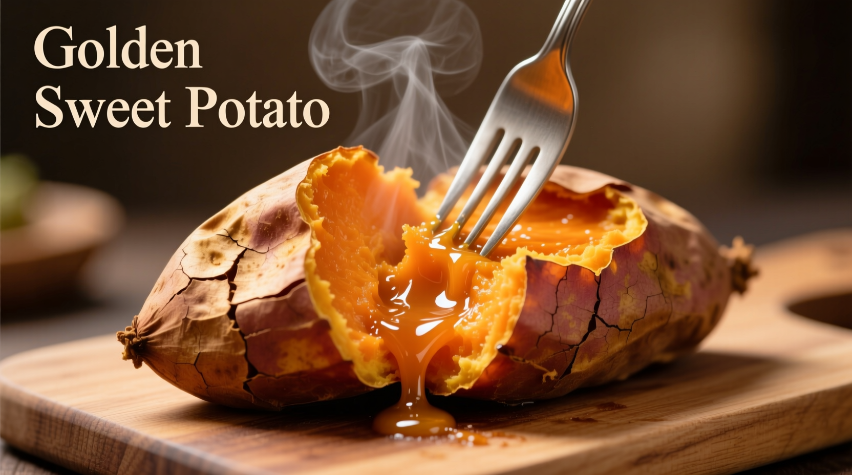Golden baked sweet potato with fork showing tender interior