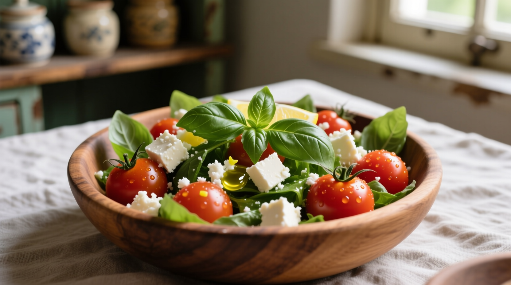 Fresh cherry tomato salad with basil and feta