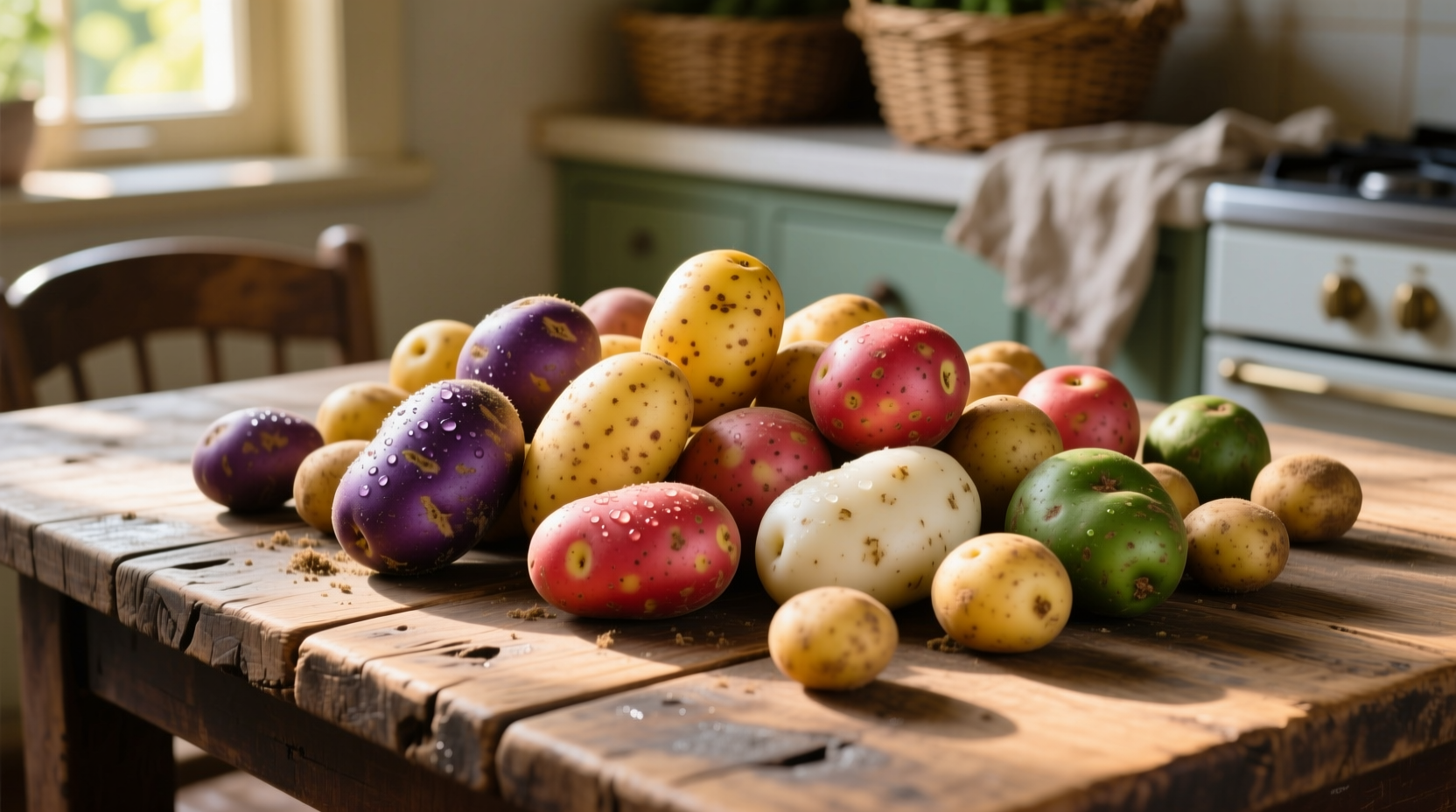 Colorful assortment of potato varieties on wooden table
