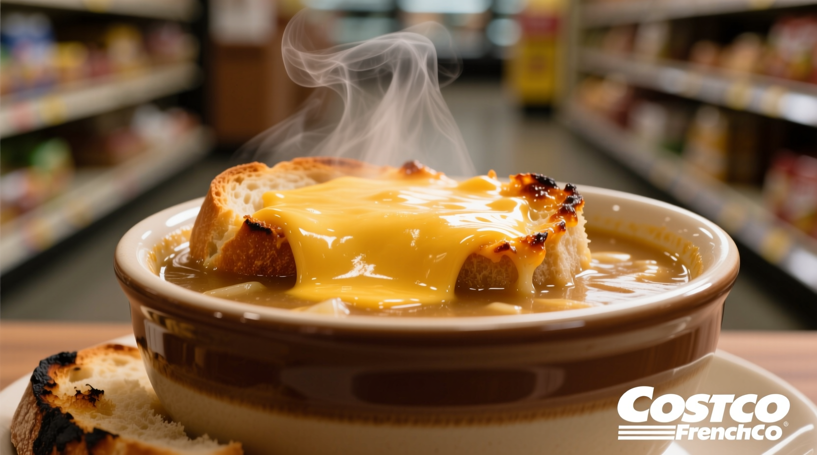 Costco French onion soup with melted cheese topping