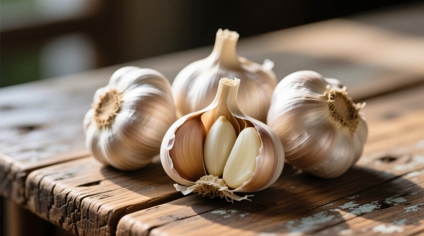 Fresh garlic heads with papery skin on wooden table