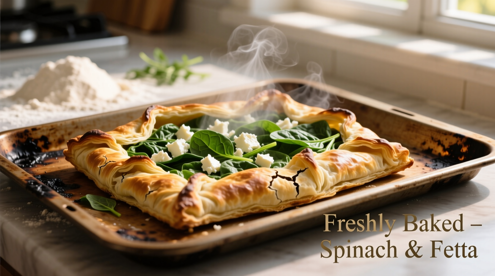 Golden brown spinach and feta pastry fresh from oven