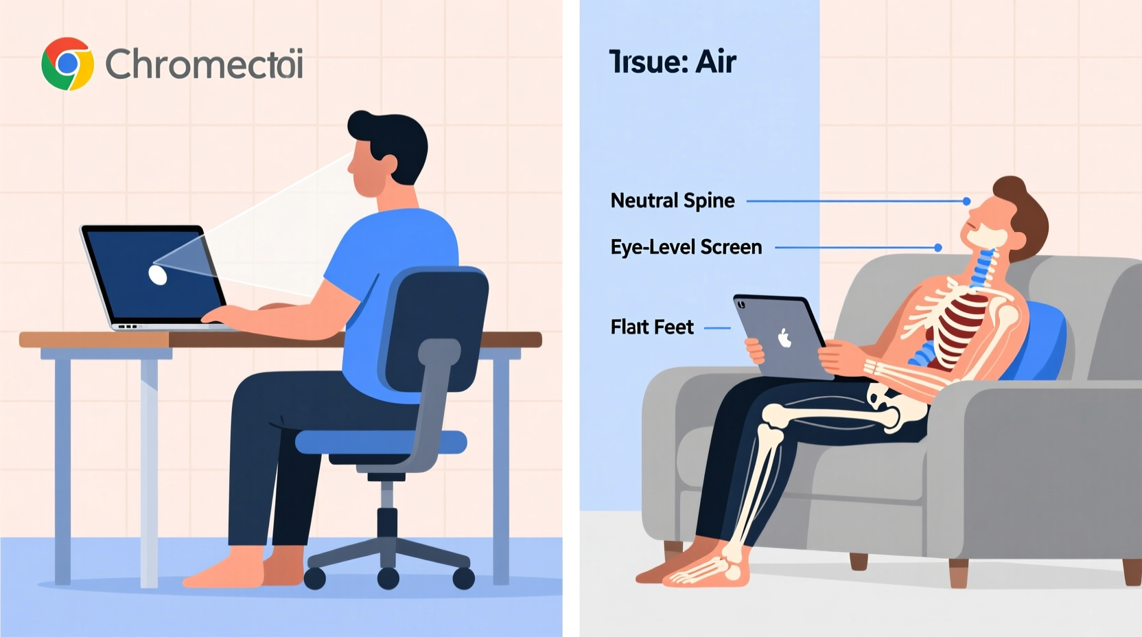 Side-by-side illustration showing correct Chromebook setup (screen at eye level, forearms parallel to floor, feet flat) versus iPad Air used on lap with neck flexed and shoulders rounded