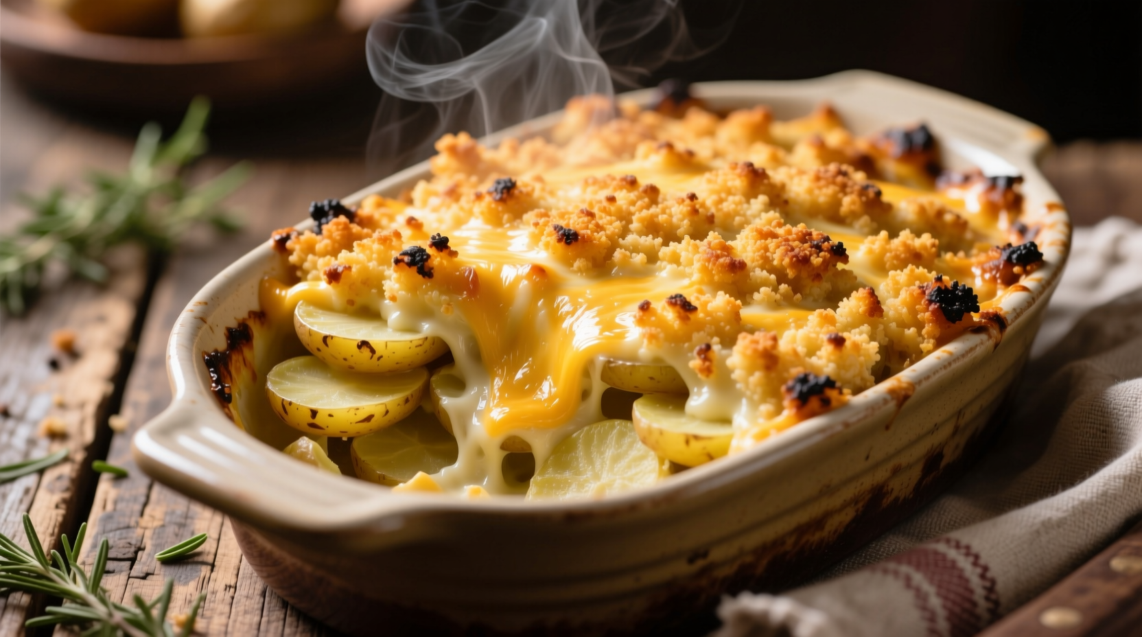 Golden potato casserole with melted cheese and breadcrumb topping