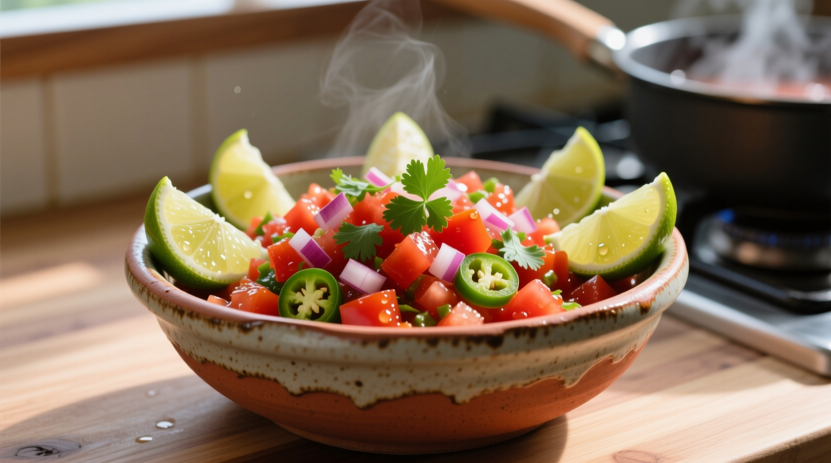 Fresh tomato salsa in ceramic bowl with lime wedges