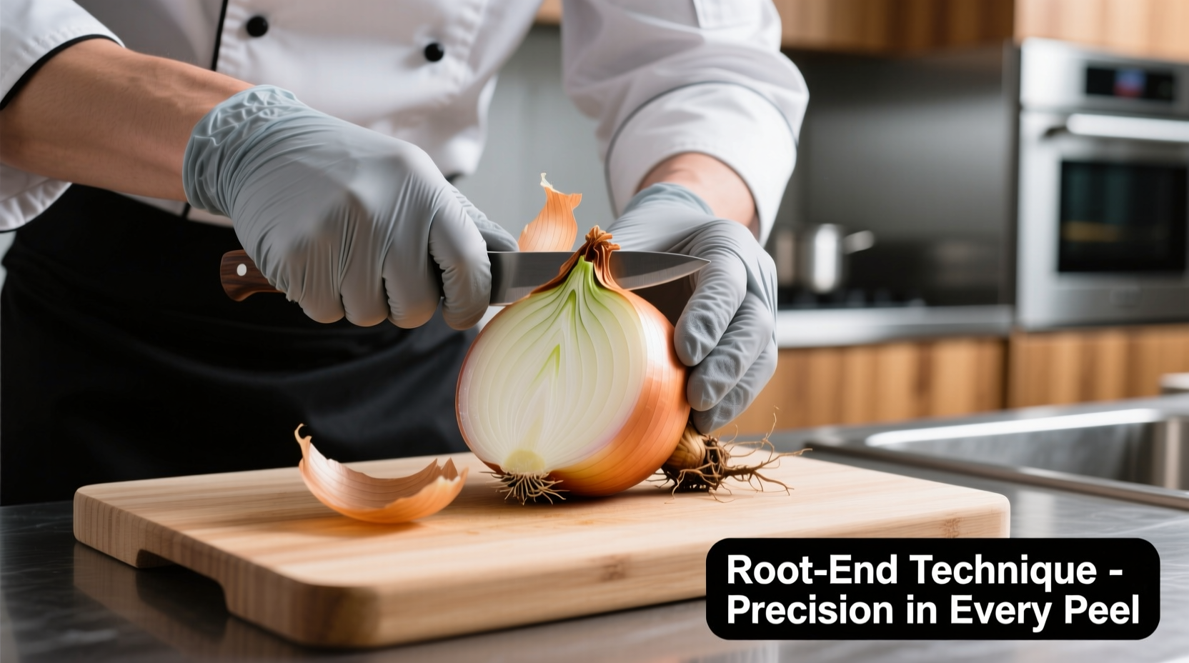 Chef peeling onion using root-end technique