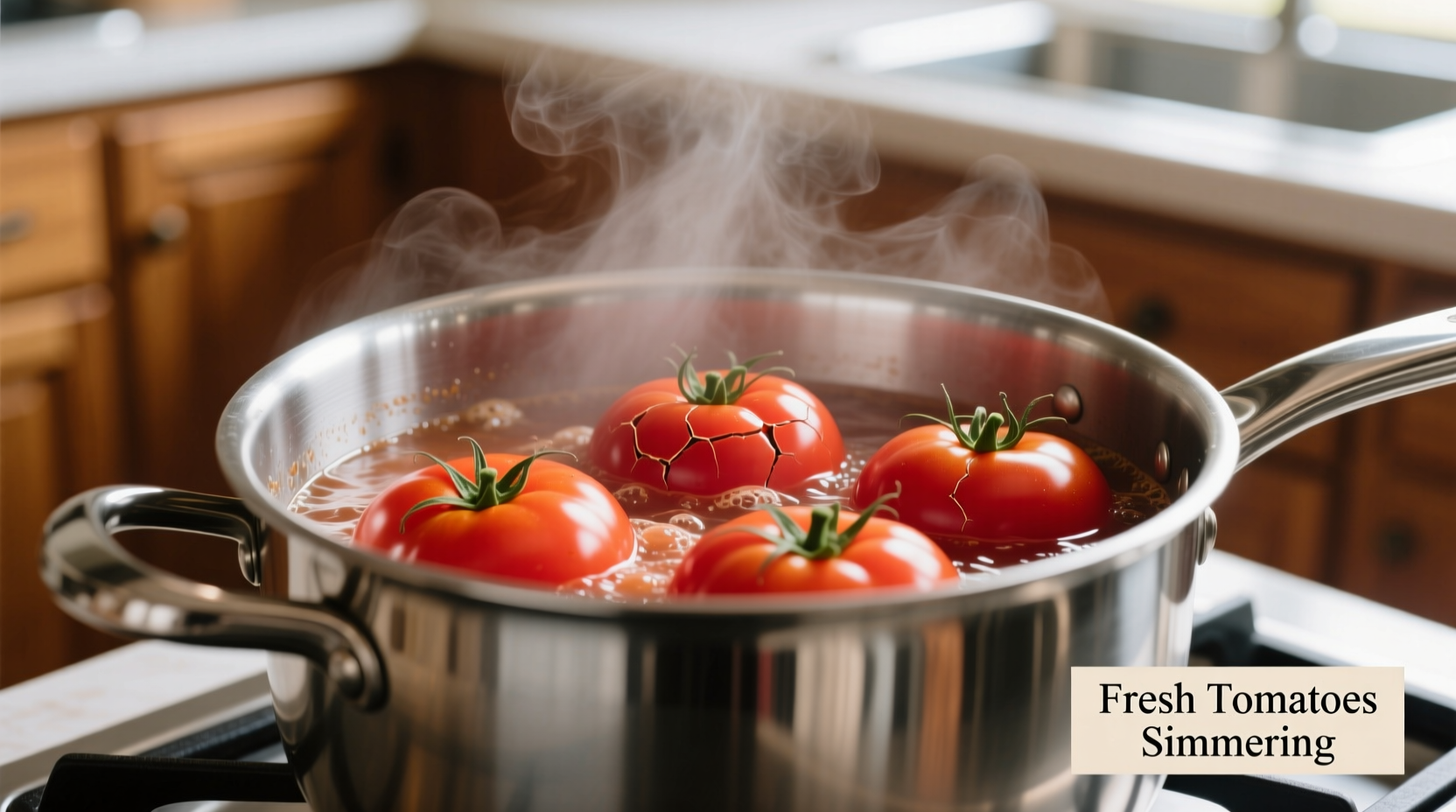 Fresh tomatoes simmering in stainless steel pot