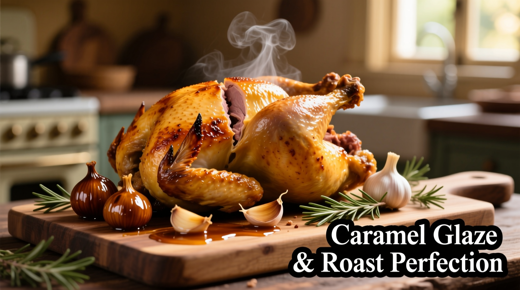 Golden roasted chicken with caramelized garlic cloves