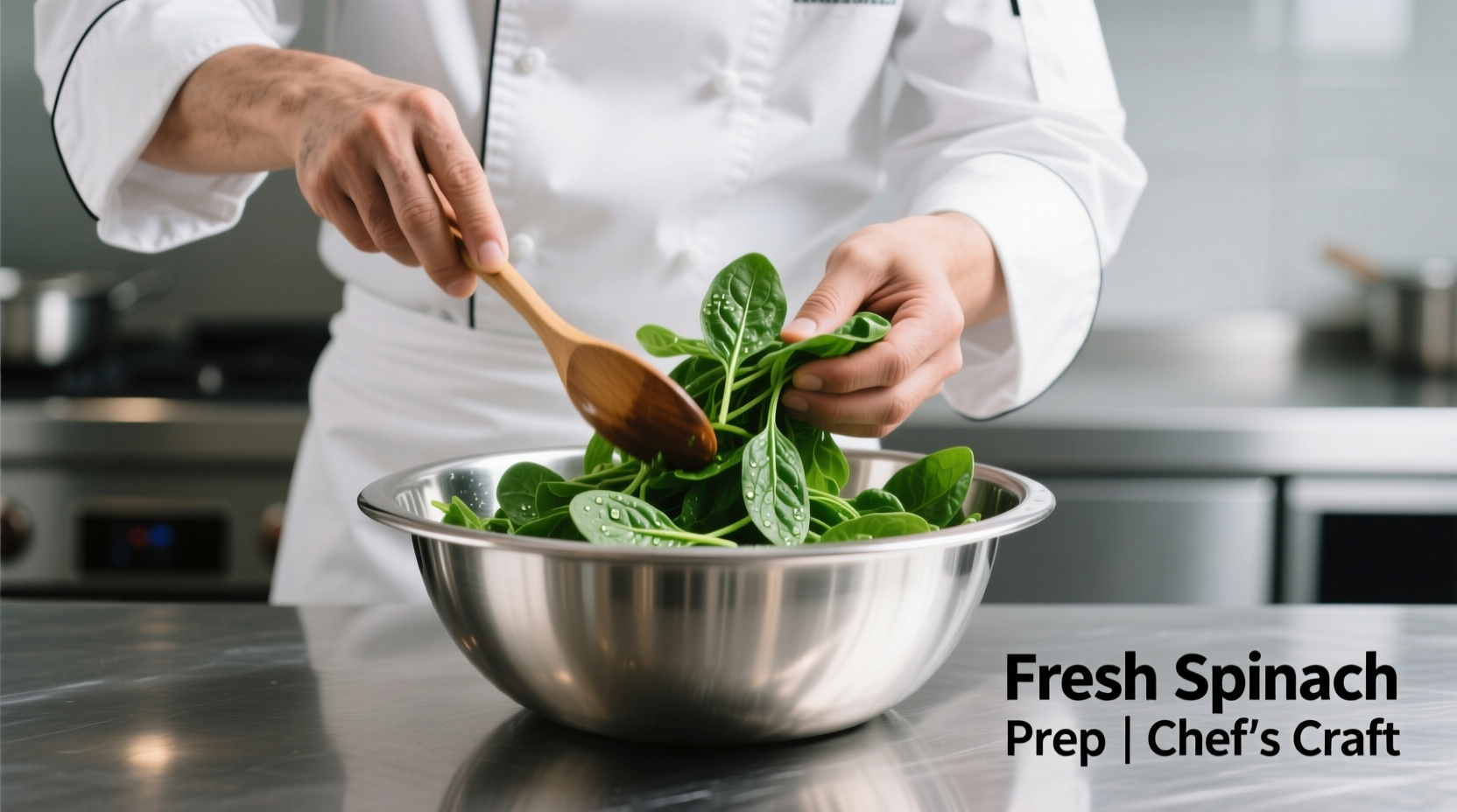 Chef preparing fresh spinach in stainless steel bowl