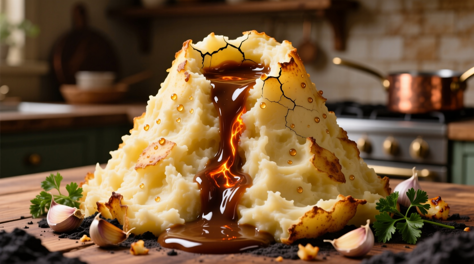 Mashed potato volcano with rich brown gravy flowing from center