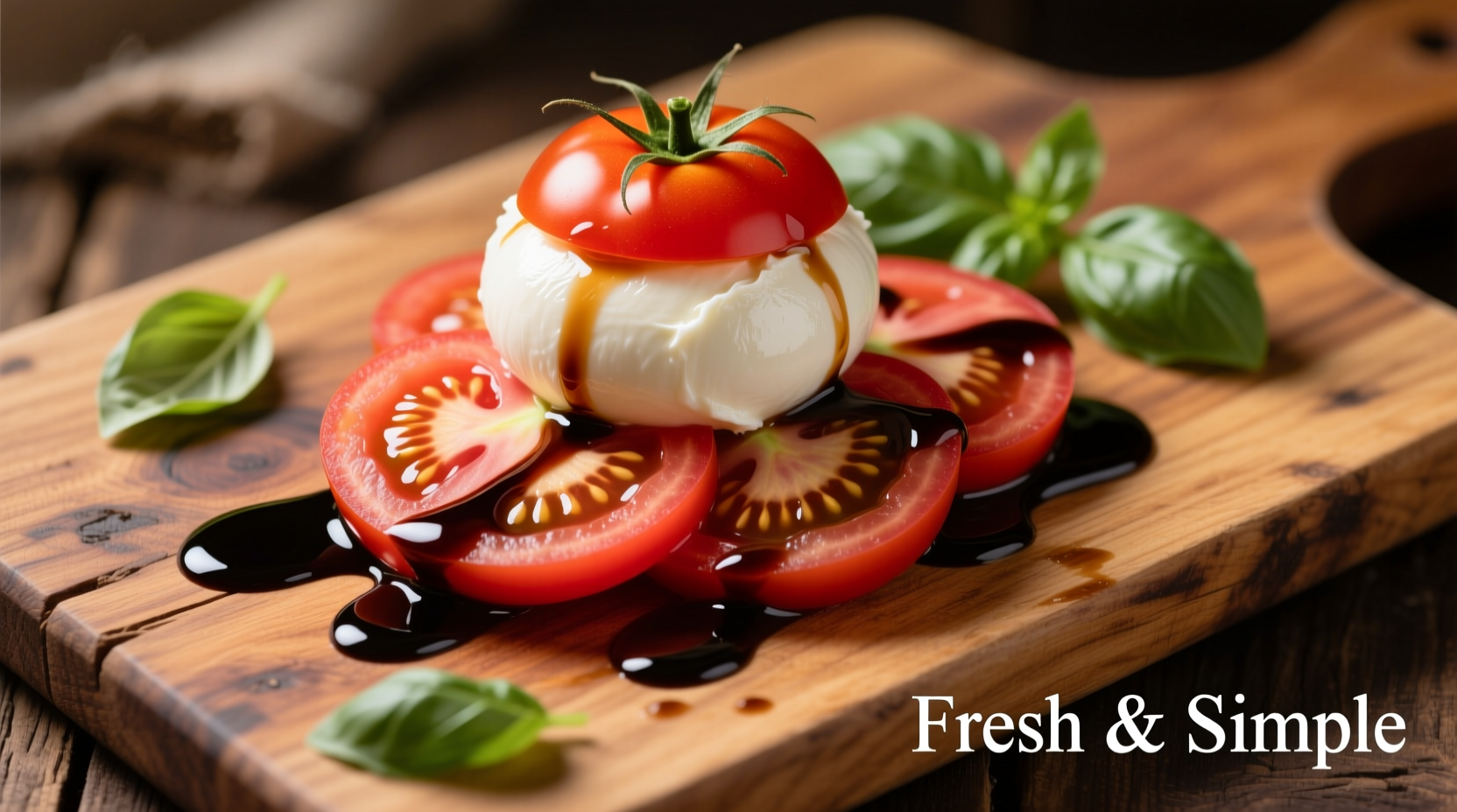 Fresh tomato mozzarella balsamic arrangement on wooden board