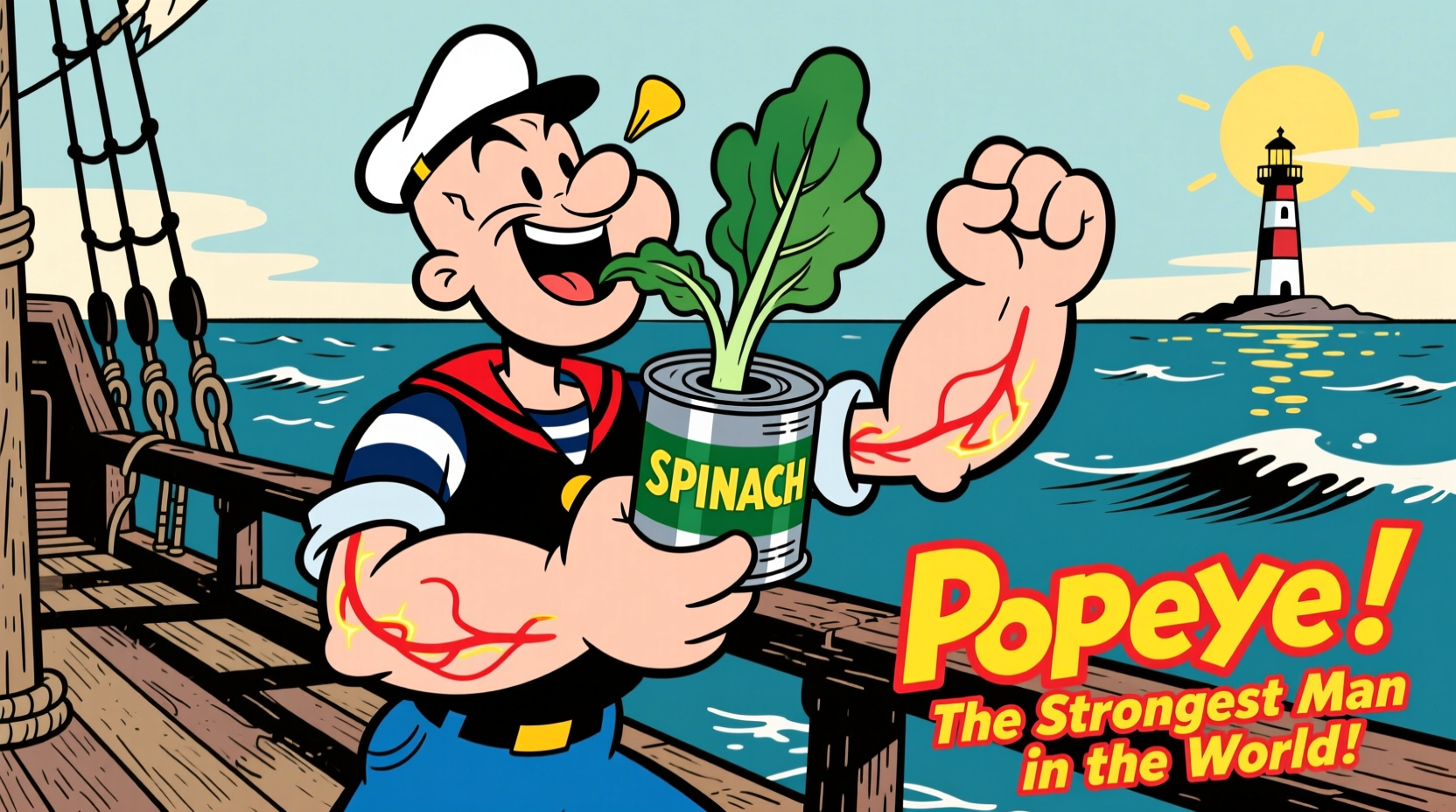 Vintage Popeye cartoon eating spinach from can