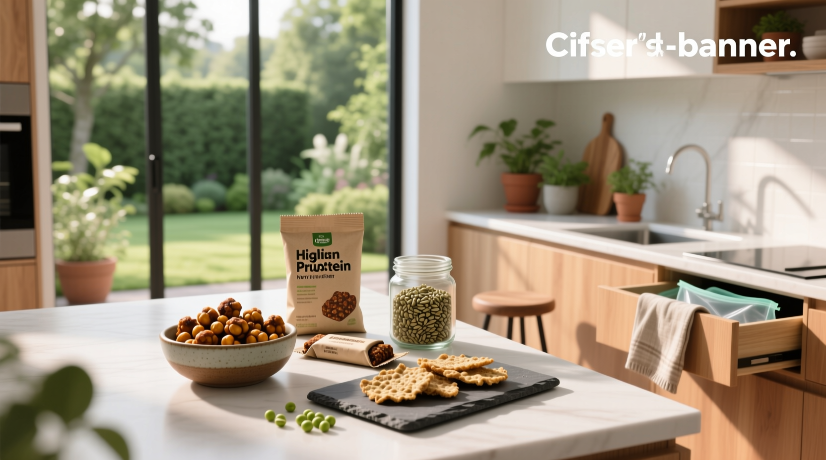Close-up of various packaged high-protein non-dairy snacks arranged neatly on a wooden surface