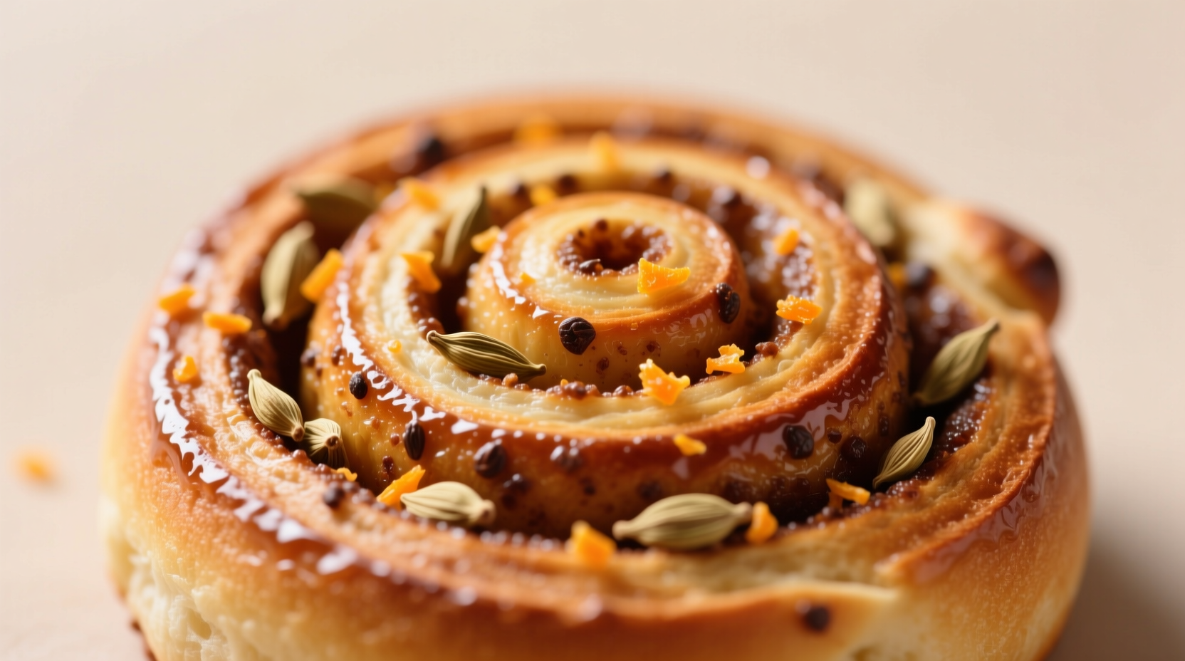 Close-up of cinnamon roll swirl showing cardamom and orange zest specks in the filling
