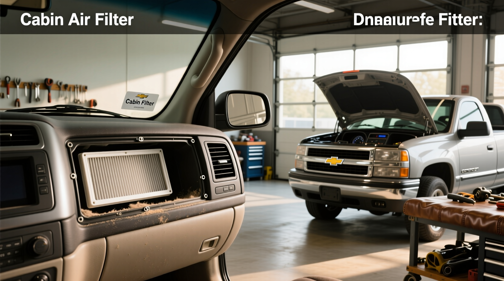 Cabin air filter for 2002 Chevy Silverado shown next to housing