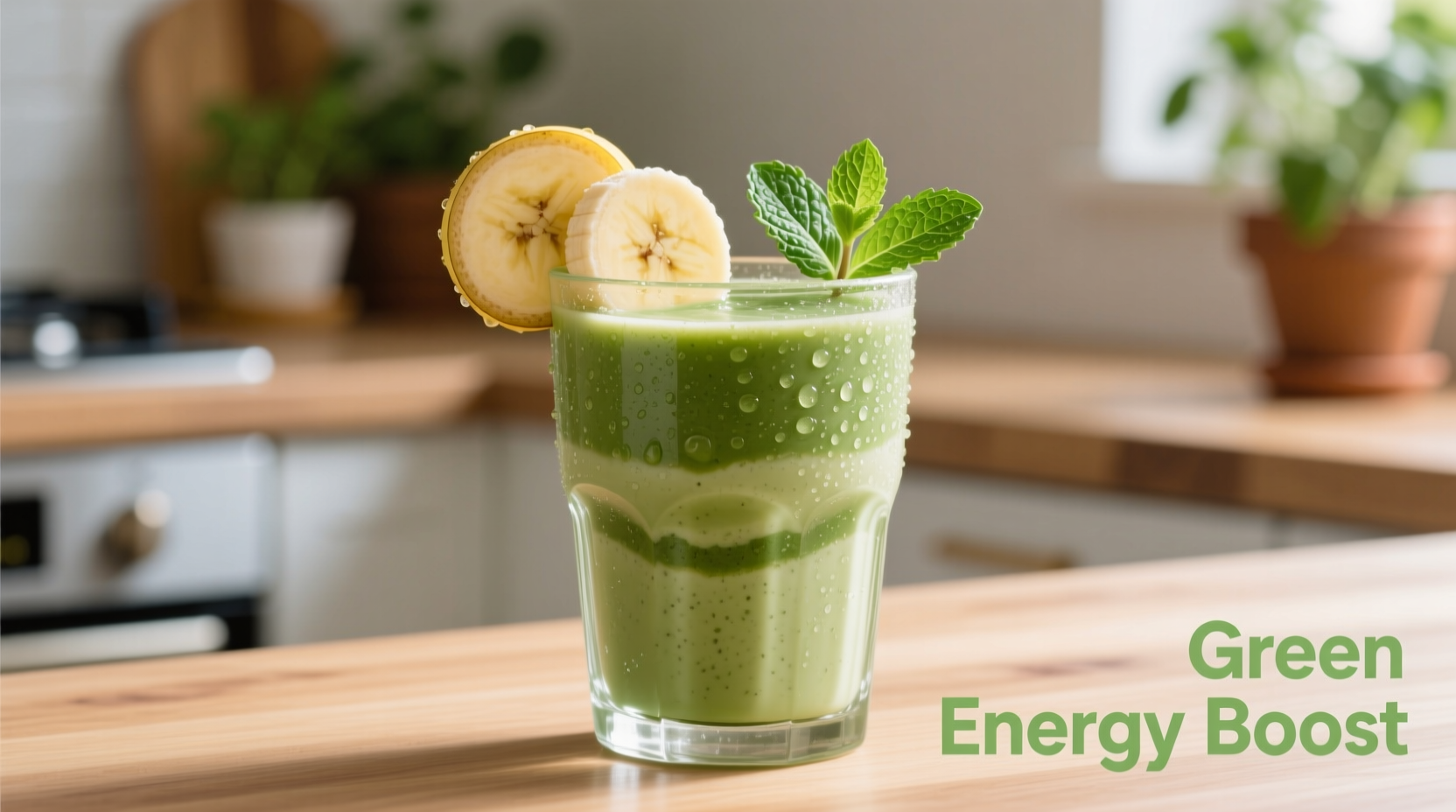 Creamy green spinach banana smoothie in glass with fresh banana slice