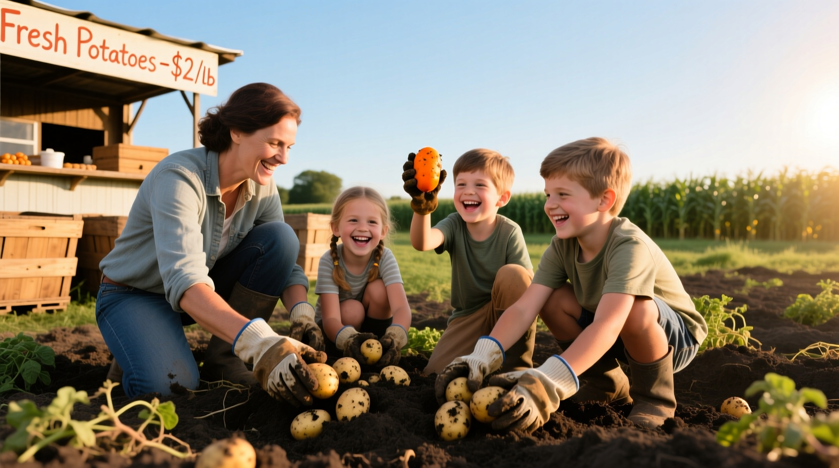 Family harvesting potatoes at local farm event
