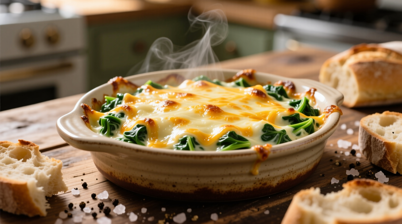 Creamy baked spinach dip with melted cheese topping