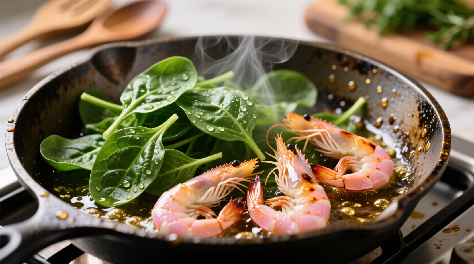 Fresh spinach and shrimp sizzling in cast iron skillet