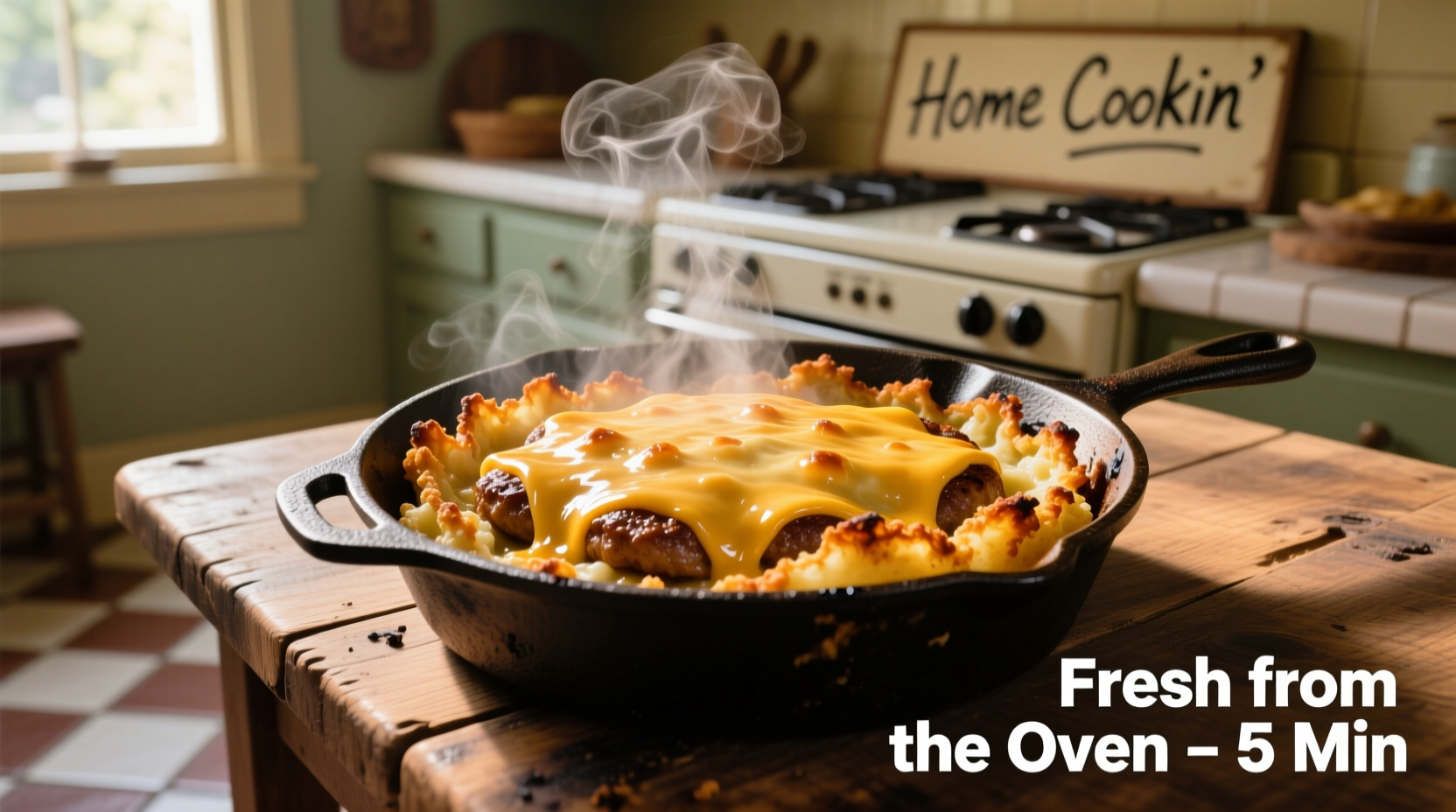 Bubbling hamburger potato hotdish fresh from oven