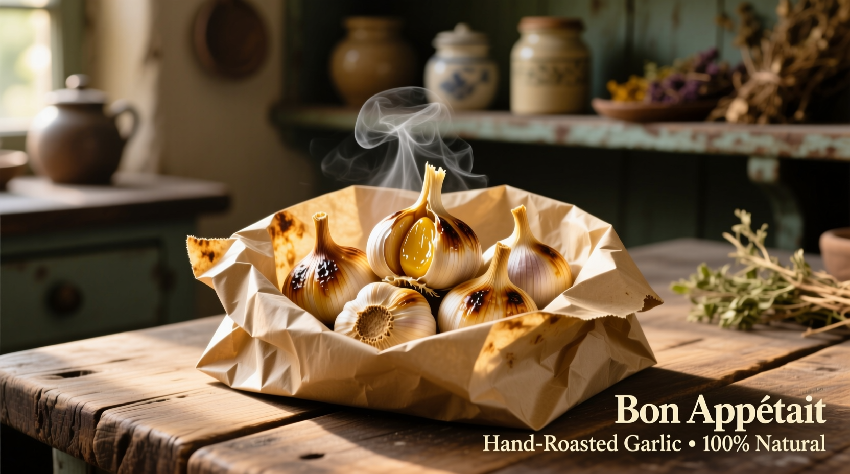 Golden roasted garlic cloves in parchment packet