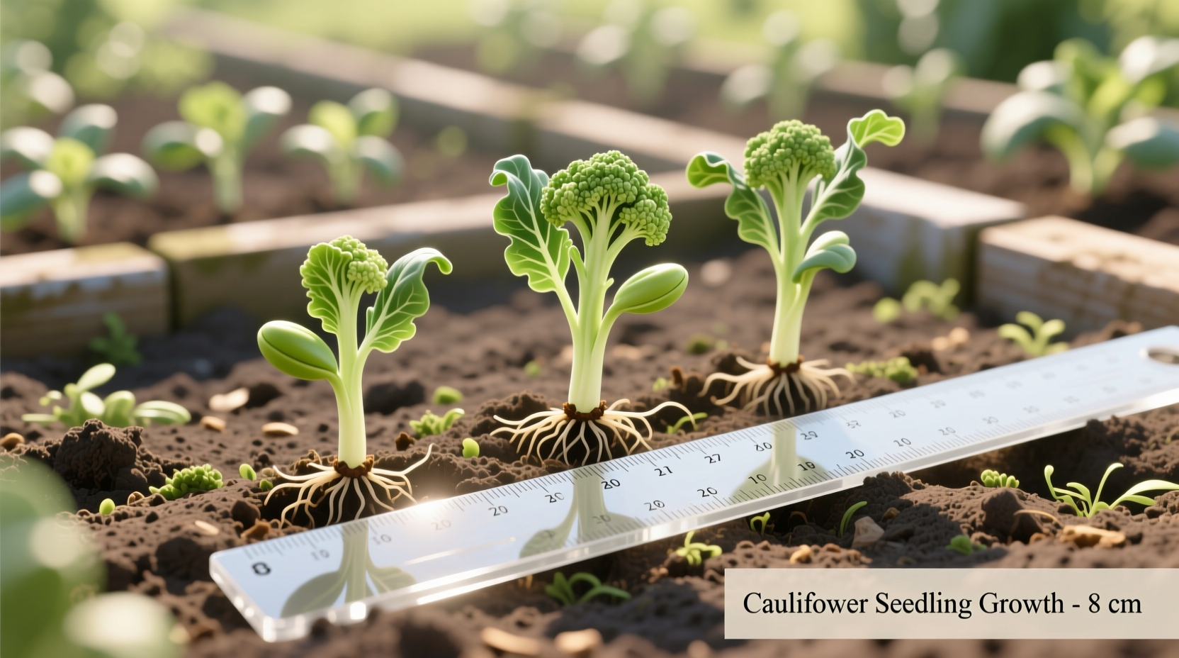 Cauliflower seedlings in garden bed with ruler
