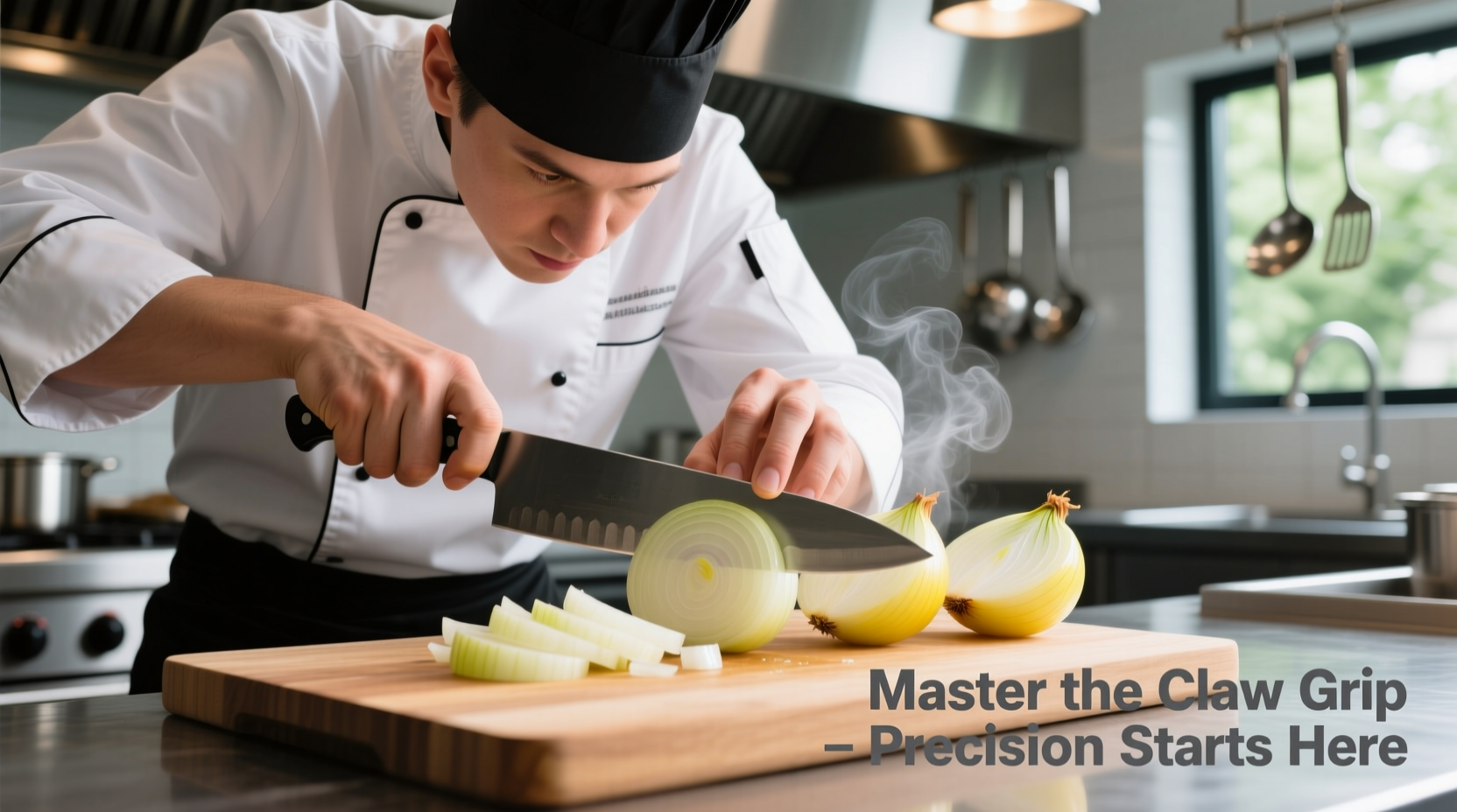 Chef demonstrating proper claw grip while chopping onions