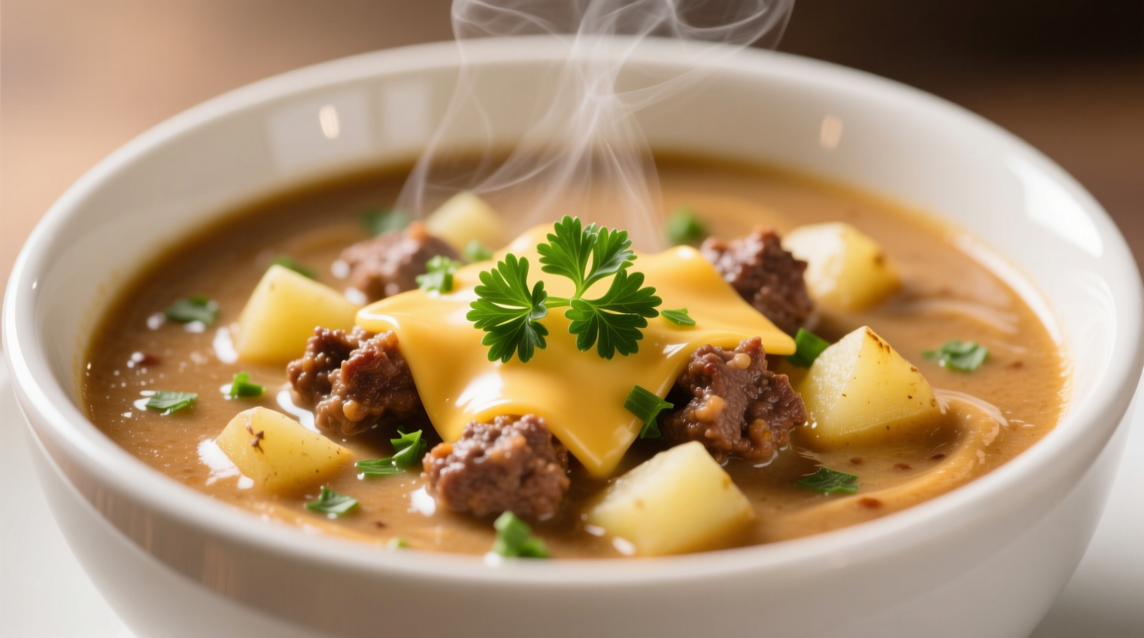 Cheese potato hamburger soup in white bowl with fresh parsley