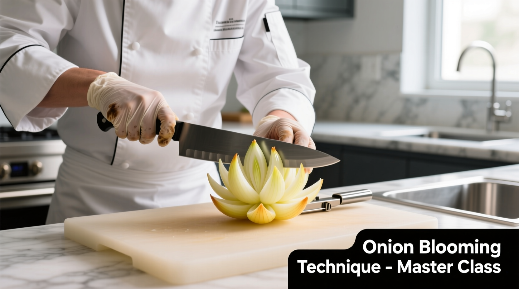 Professional chef using onion blooming cutter on white cutting board