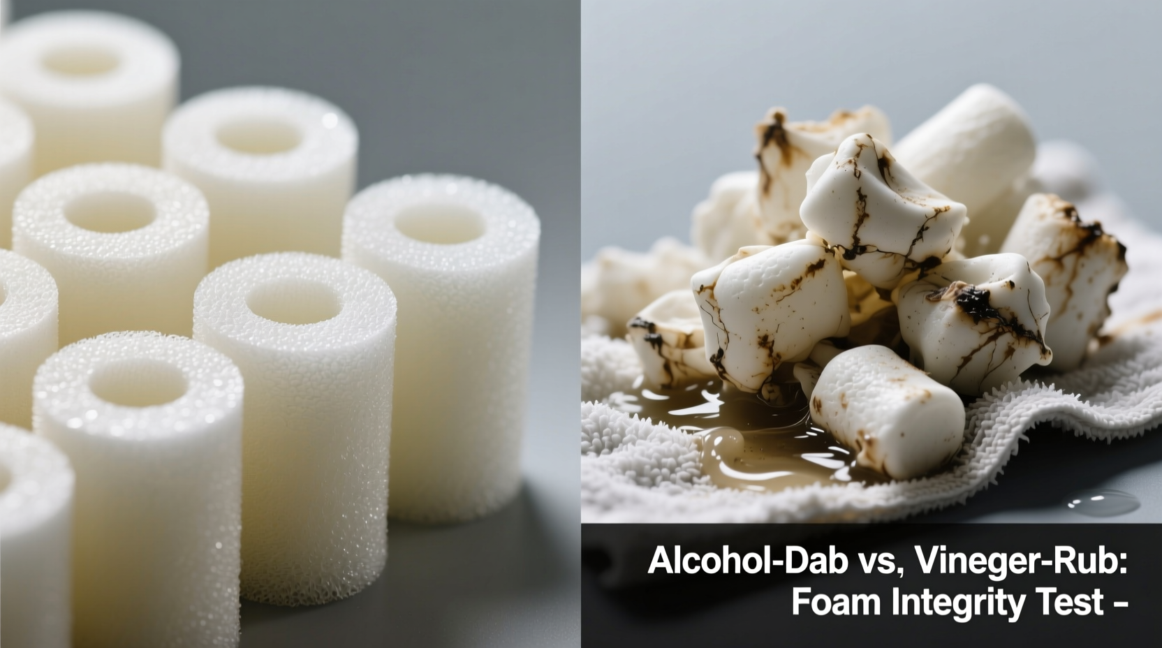 Side-by-side macro photos: left shows intact memory foam cells after proper alcohol-dab cleaning; right shows collapsed, fused cells after vinegar soak and towel-rubbing
