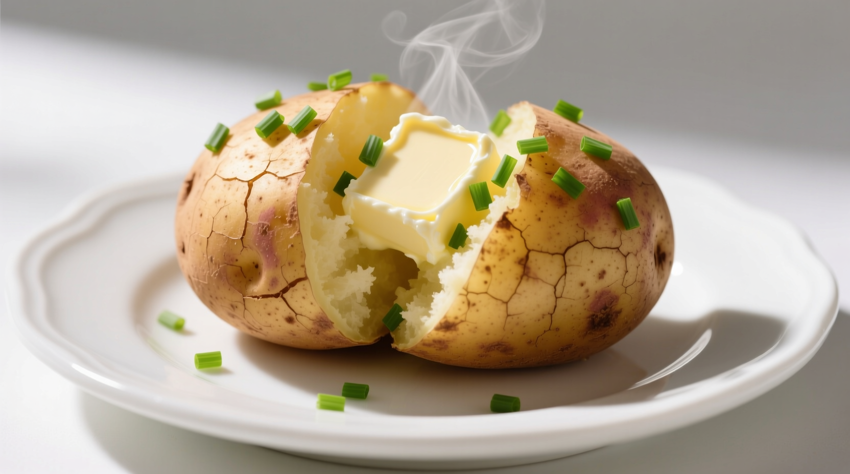 Baked potato with butter and chives on white plate