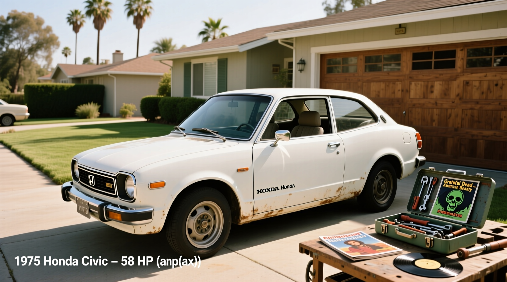 Side profile of a 1975 Honda Civic hatchback showing classic styling details