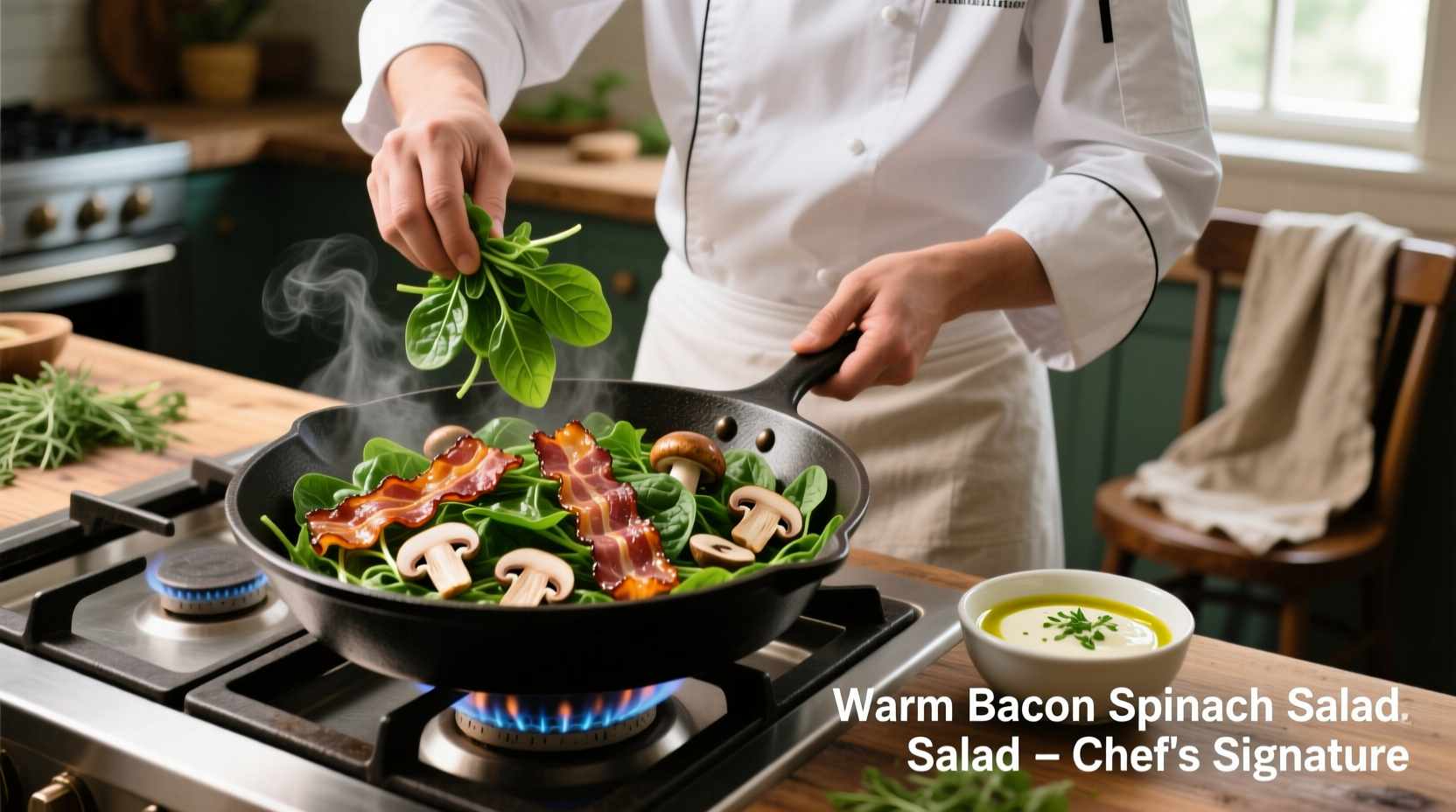 Chef preparing warm bacon spinach salad with mushrooms