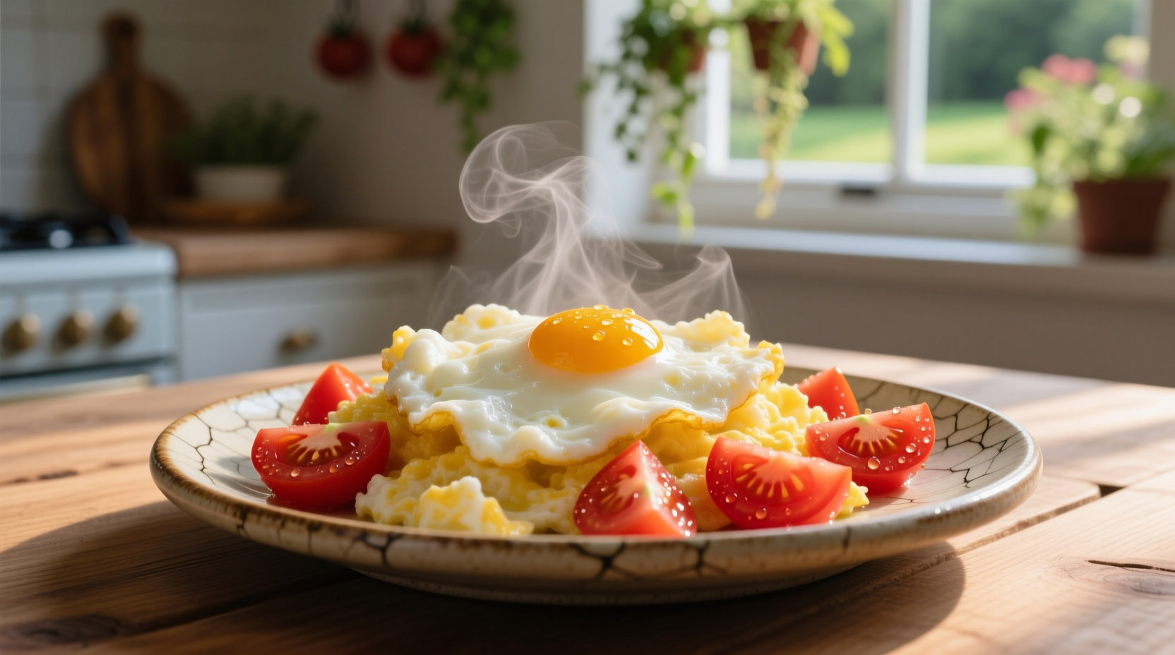 Fluffy scrambled eggs with vibrant red tomatoes