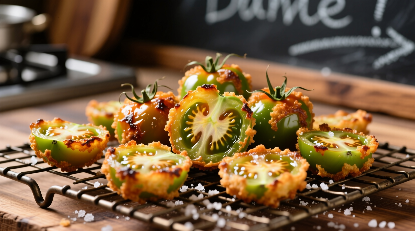 Crispy golden fried green tomatoes on wire rack