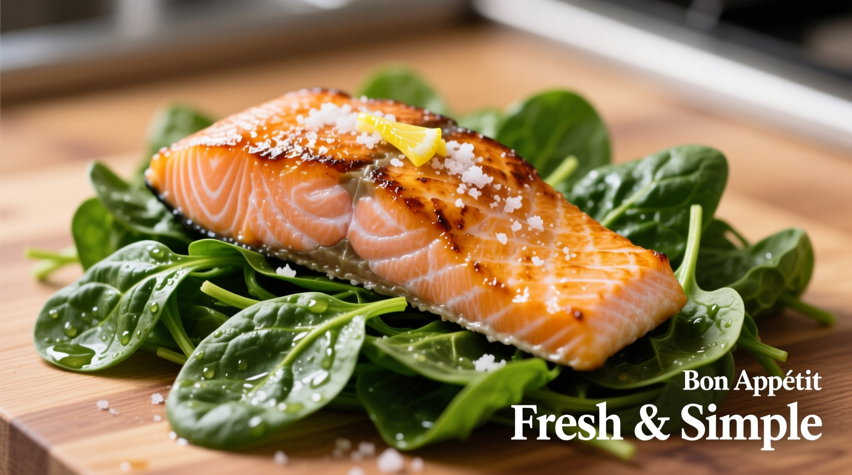 Pan-seared salmon fillet on bed of fresh spinach