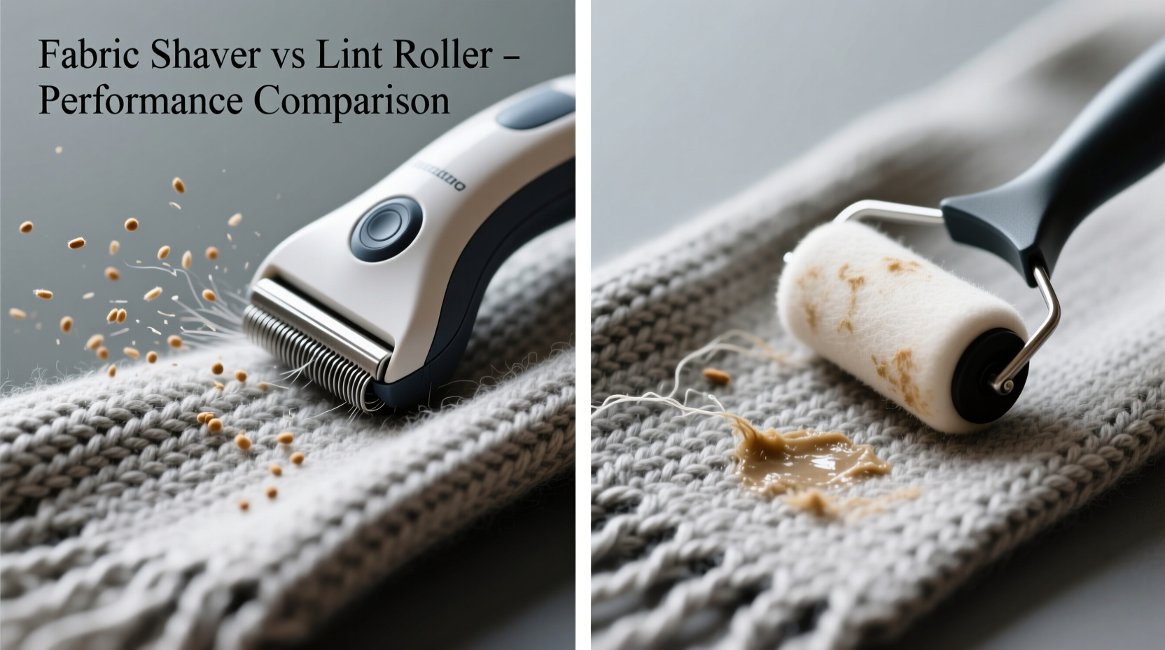 Side-by-side close-up comparison: left shows a fabric shaver gently gliding over a taut wool-knit scarf with visible pills being cleanly sheared; right shows a manual lint roller pressing down, distorting stitch definition and leaving faint adhesive smudge on the fabric surface