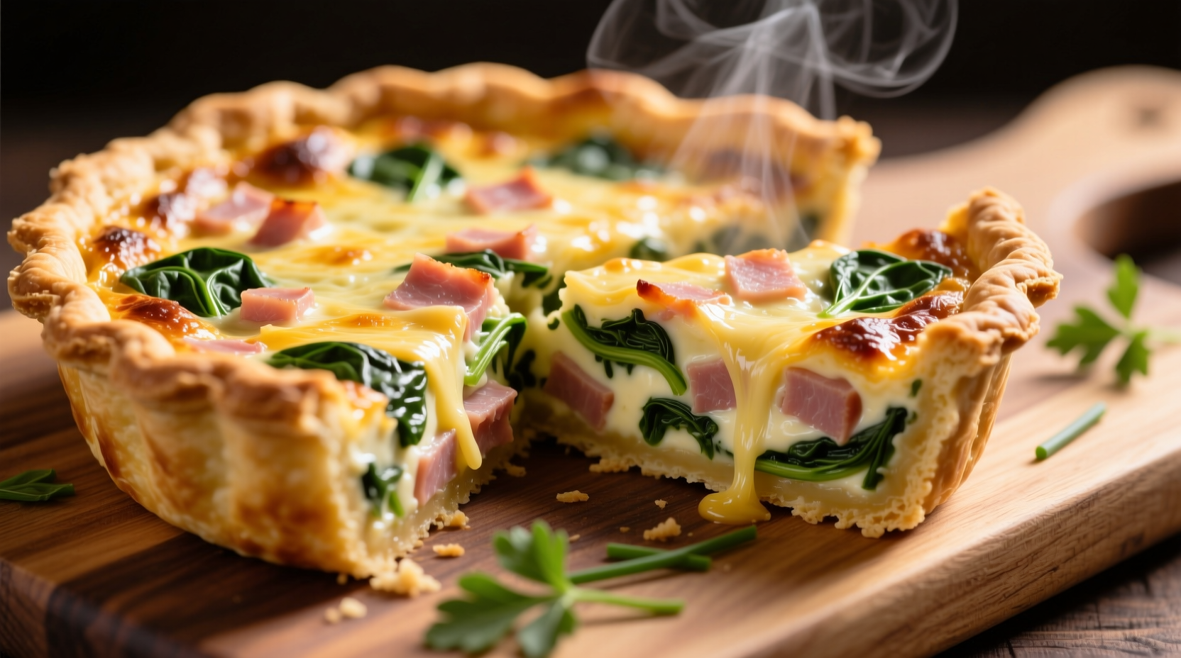 Perfectly baked spinach ham and cheese quiche with golden crust