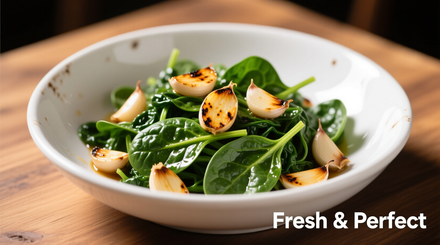 Perfectly sauteed spinach with garlic in white bowl